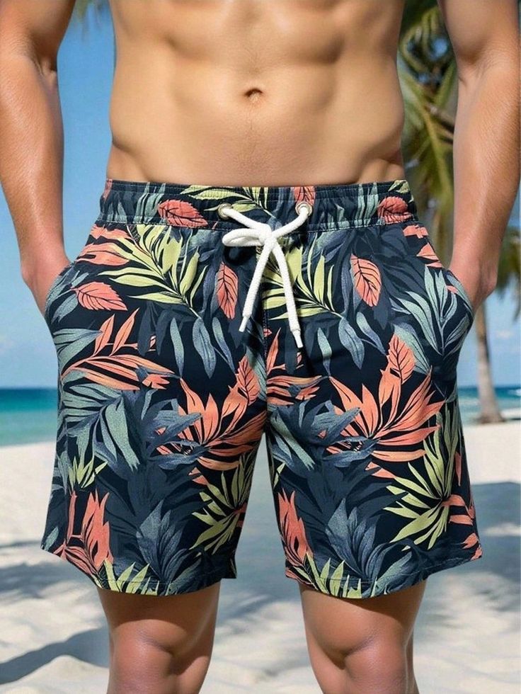 Pantalones cortos casuales de playa con estampado de plantas, cintura con cordón y bolsillos para hombres